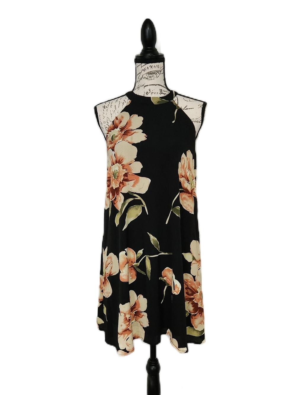 Staccato Black Midi Swing Dress with Peach Floral Print And High Neck Size Small